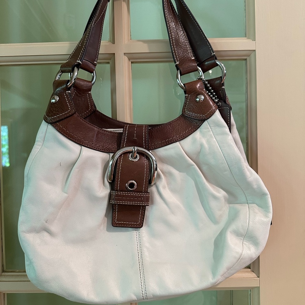 Coach Cream and Brown Leather Shoulder Bag with Decorative Buckle